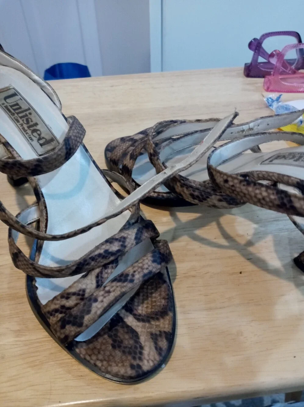 Unlisted by Kenneth Cole Brown Snake-Print Strappy Heels